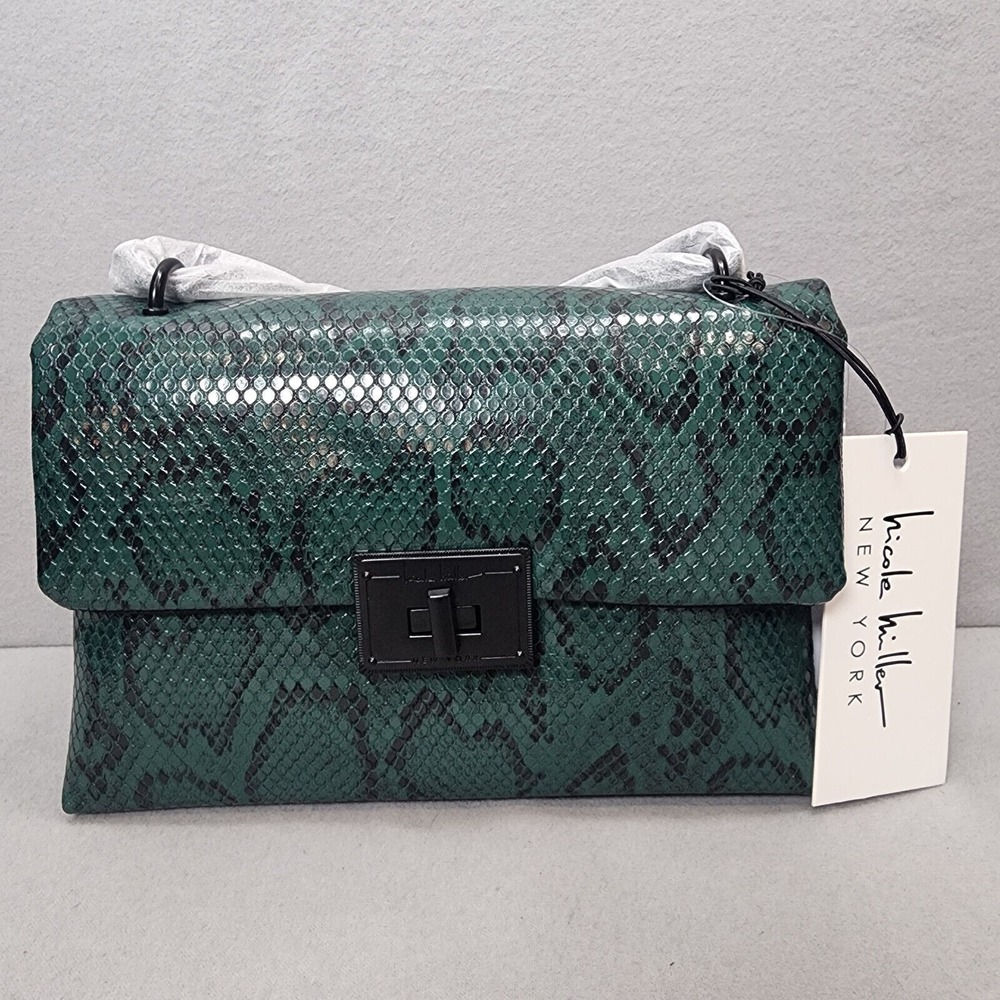 Nicole Miller Crossbody Bag Green Snakeskin Embossed Black Hardware Women OS